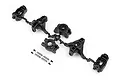 HPI Savage XS upright set on a plastic parts tree with included metal pins and screws on a white background.
