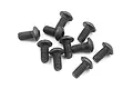 A collection of ten black metal button head screws scattered on a white background.