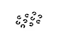 A collection of ten small black E-clips arranged on a plain white background.