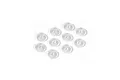A collection of ten small, clear, circular silicone O-rings arranged on a white background.