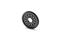 A black composite spur gear for RC cars, featuring a circular design with multiple lightening holes and fine gear teeth.