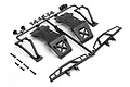 HPI Savage XS bumper and skid plate set on a plastic parts tree with included screws on a white background.