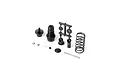 A collection of disassembled RC shock absorber parts including a threaded shock body, spring, plastic parts tree, and small hardware on a white background.