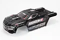 A pre-painted black ARRMA Kraton 8S EXB RC truggy body shell featuring grey geometric patterns and various sponsor decals.
