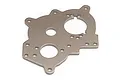 A flat, grey metal motor mount plate for an RC car with various mounting holes and cutouts, shown on a white background.