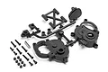 HPI Savage XS centre gearbox set parts including plastic molded tree, screws, and metal pin on a white background.