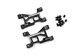 Two black aluminium front suspension arms for RC cars by Yeah Racing, with included mounting hardware on a white background.
