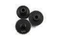 Three black steel transmission gears for RC cars, featuring the Yeah Racing logo on one gear, isolated on a white background.