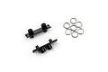 Two black aluminium RC spring mounts and six small metal washers on a white background.