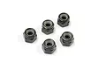 Five black steel 4mm nyloc nuts arranged on a white background.