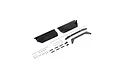 Pro Boat Aerotrooper rudder set components including two black rudder blades, carbon fiber control arms, metal pushrods, and various small hardware pieces.