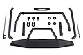 A set of black plastic RC car bumper parts, including a main bumper, bull bar, mounting brackets, and hardware, laid out on a white background.