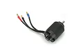 A black E-Flite brushless outrunner motor with three wires featuring red, blue, and black heat-shrink connectors on a white background.