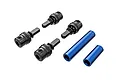 Traxxas blue aluminium centre driveshafts and black steel CVD joints for RC vehicles.