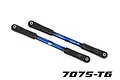 Two blue anodized aluminium rear camber linkages with black plastic rod ends on a white background.