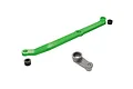 Traxxas green aluminium steering link with a metal servo horn and two small black bushings on a white background.