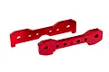 Two red anodized aluminium front tie bars for Traxxas RC vehicles, marked with letters A and B, isolated on a white background.