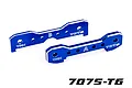 Two blue anodized aluminium front tie bars for Traxxas RC vehicles, labeled A and B, featuring 7075-T6 markings.