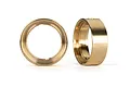 Two circular brass wheel weights for RC cars shown from front and side angles against a white background.