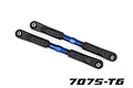Two blue anodized aluminium camber linkages with black plastic rod ends on a white background.