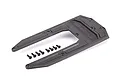 Traxxas graphite grey skid plate for RC chassis with included mounting screws on a white background.