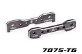 Two grey anodized aluminium front tie bars for Traxxas RC vehicles, marked with A and B, on a white background.