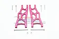 Two red anodized aluminium front lower suspension arms for an RC car, accompanied by four screws, two hinge pins, and two nuts, displayed on a white background.