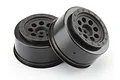 Two black HPI Racing Blitz Mk.8 V2 RC short course wheels on a white background.