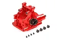 A red anodized aluminium rear gearbox assembly for an RC car, shown with several black mounting screws laid out in front.