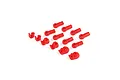 A set of red nylon RC sway bar mounts and rod ends arranged on a white background.