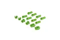 A set of bright green nylon RC sway bar mounts and rod ends arranged on a white background.