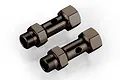 Two gunmetal grey aluminium front double axles for an RC car, shown from an elevated angle against a white background.