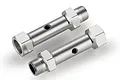 Two silver aluminium rear double axles for RC cars, shown from an angled perspective against a white background.
