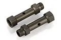 Two gunmetal grey aluminium rear double axles for RC vehicles, shown from an angled perspective on a white background.