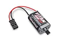 Traxxas Titan 180 size 87-turn brushed motor with reverse rotation, featuring a pre-installed pinion gear and a black TRX connector with red and black wires.
