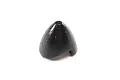 A black, three-blade RC airplane spinner cone isolated on a white background.