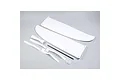 E-Flite white foam wing set for RC plane including wing panels, carbon fiber spar, plastic control horns, and hardware on a grey background.