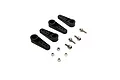 A set of four black plastic servo horns with associated metal ball studs and nuts, arranged on a white background.