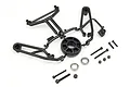 HPI Savage XS wheelie bar set including black plastic parts on a sprue, a wheel, two ball bearings, and various screws and nuts.