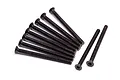 A set of ten black metal countersunk head screws with hex drive sockets, arranged on a white background.