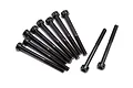 A set of ten black metal cap head screws with fine threading, arranged on a white background.