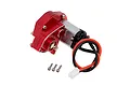 An Integy red anodized aluminium gearbox assembly with an attached electric motor, wiring, and three mounting screws on a white background.