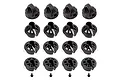 A set of black Team Associated 12mm RC shock caps, spring cups, and small screws arranged on a white background.