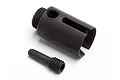 A black metal drive cup and a matching threaded set screw for an RC vehicle on a white background.
