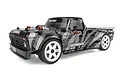Team Associated Reflex 14R Hoonitruck RC drift truck in black and grey livery with white wheels on a white background.