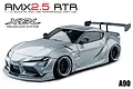 Studio shot of a metallic grey MST RMX 2.5 A90RB RC drift car on a white background with branding text above.