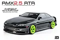 A studio shot of the MST RMX 2.5 JZ3 RC drift car in black with bright green wheels against a white background.