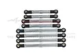 A set of eight silver aluminium RC turnbuckles with black plastic rod ends arranged on a white background.