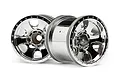 Two HPI Racing 2.2-inch Warlock chrome rims for RC monster trucks, shown from front and side angles against a white background.