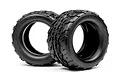 Two black HPI Racing 2.8 inch Jump monster truck tyres with aggressive tread patterns, shown against a white background.